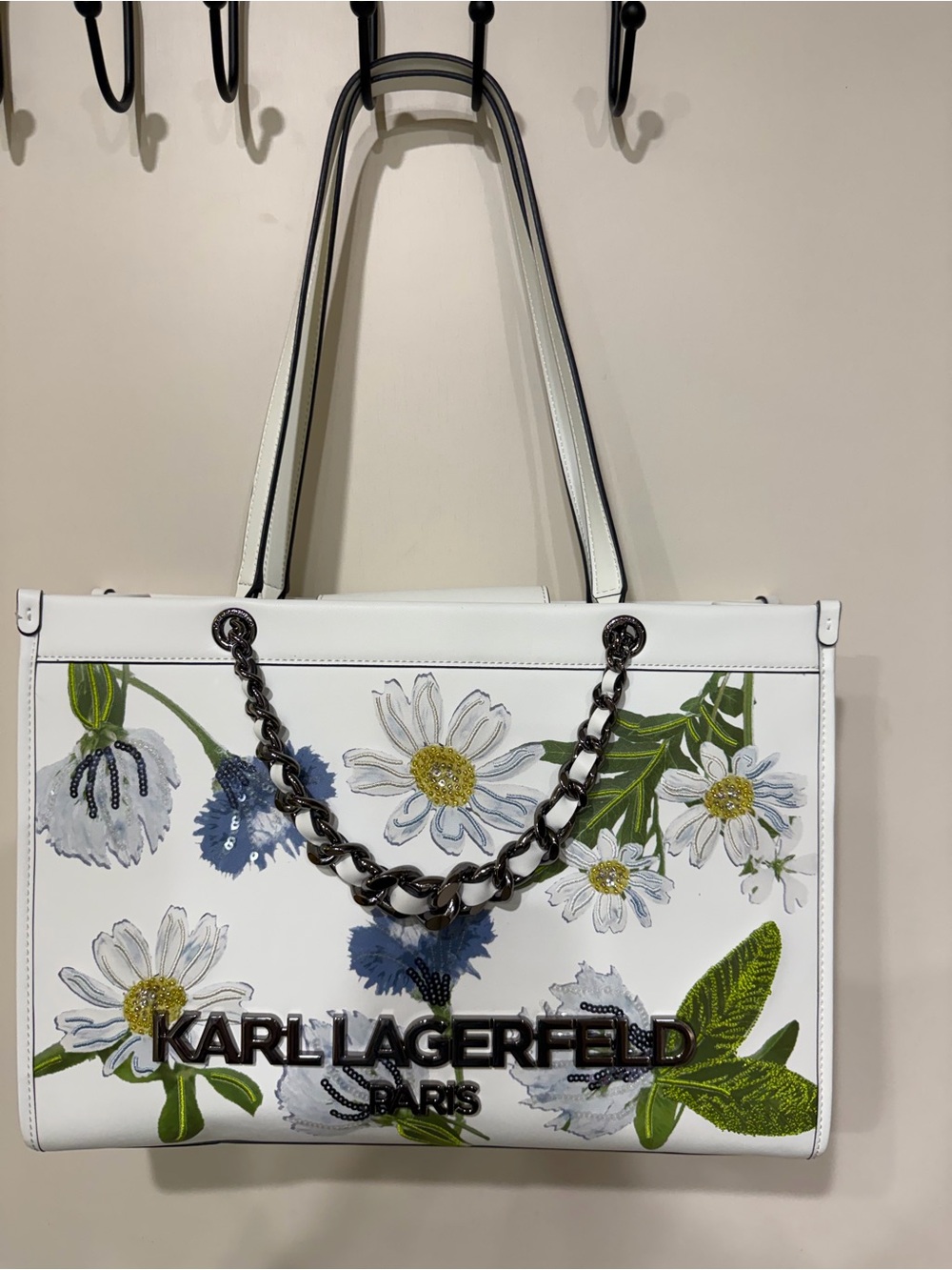 Karl Lagerfeld White Floral Savoie Large Tote with Silver Chain